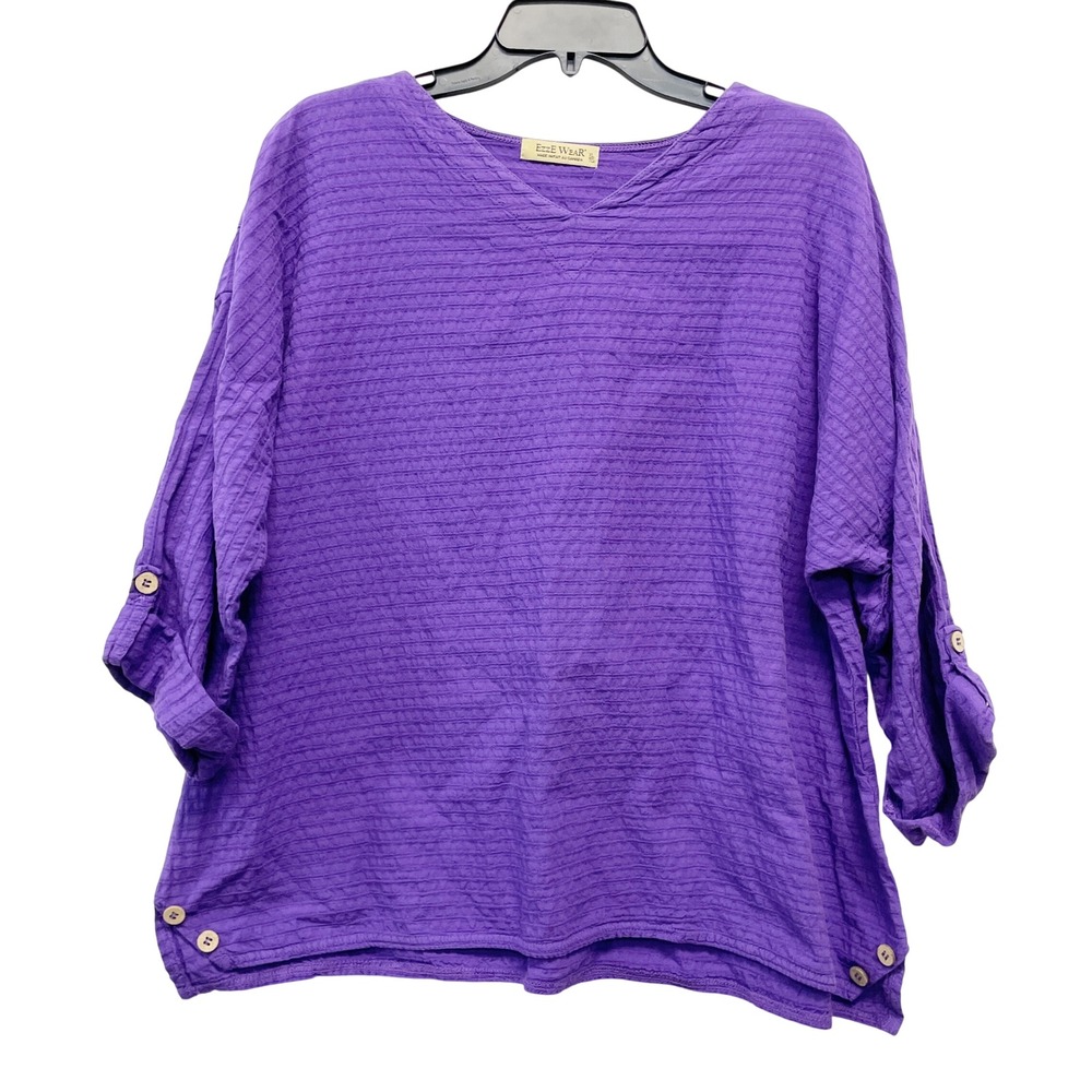 Ezze Wear Women's Purple Cotton Crinkle Gauze Roll Tab V Neck Top Blouse Size XL